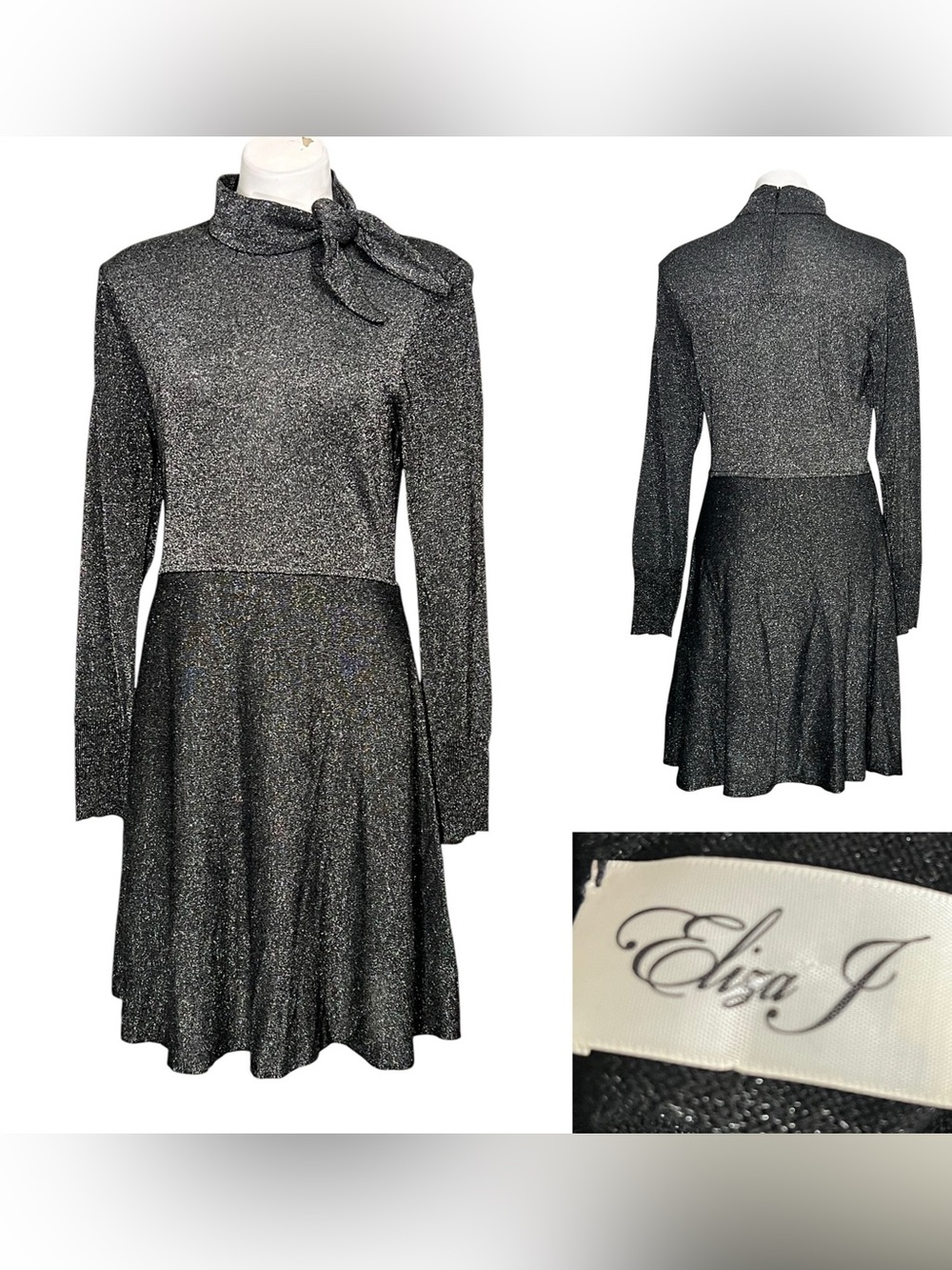 Eliza J dress L Silver Metallic Tie-Neck Long Sleeve lightweight office fall